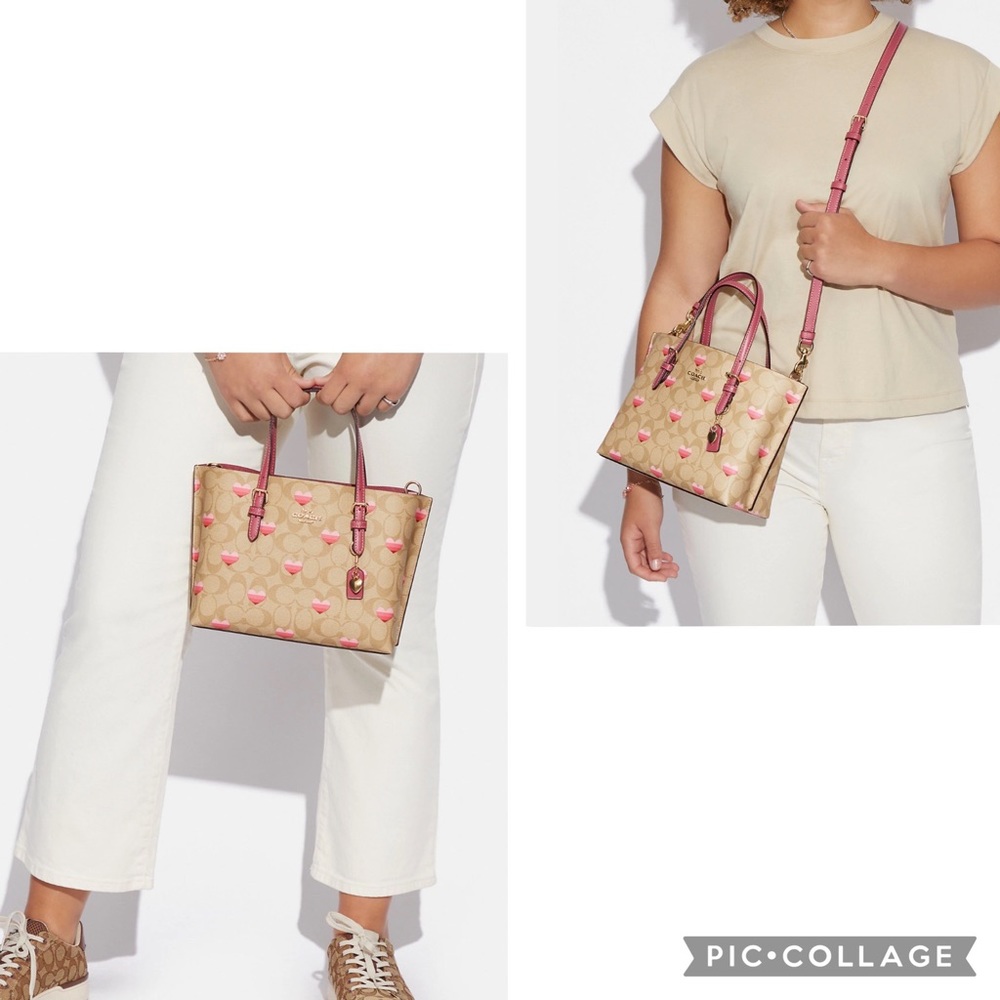 NWT COACH MOLLIE TOTE 25 IN SIGNATURE CANVAS STRIPE HEART PRINT GOLD/LIGHT KHAKI - Picture 2 of 12